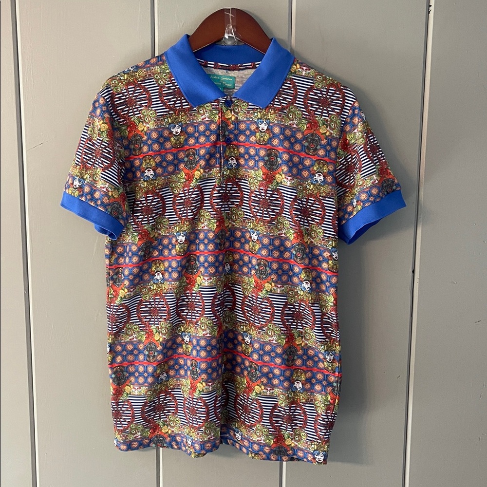Antica Sartoria Positano Polo Shirt Colorful Face Stripe Wagon Wheel Mens Medium